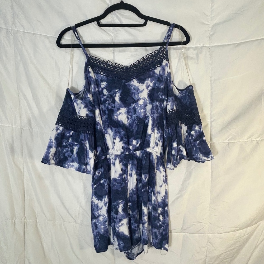 Adam Levine Women Cold Shoulder Romper Tie Dye‎ Blue Lace Bell Sleeve Size S